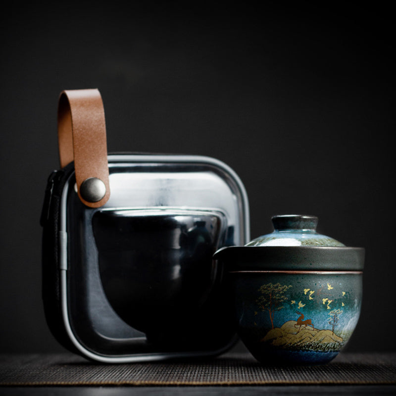 Tazza da tè in ceramica Buddha Stones Deer Mountain Trees Lovely Cat Tazza da tè nera con coperchio e borsa