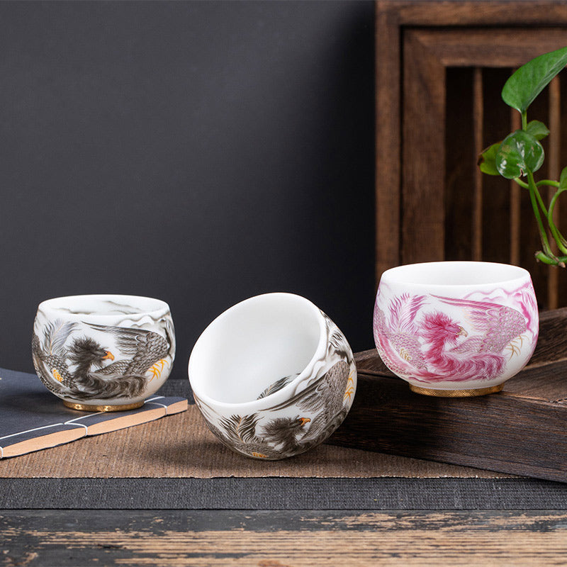 Buddha Stones Phoenix Tazza da tè in porcellana bianca in ceramica Tazza da tè Kung Fu 185 ml con scatola regalo