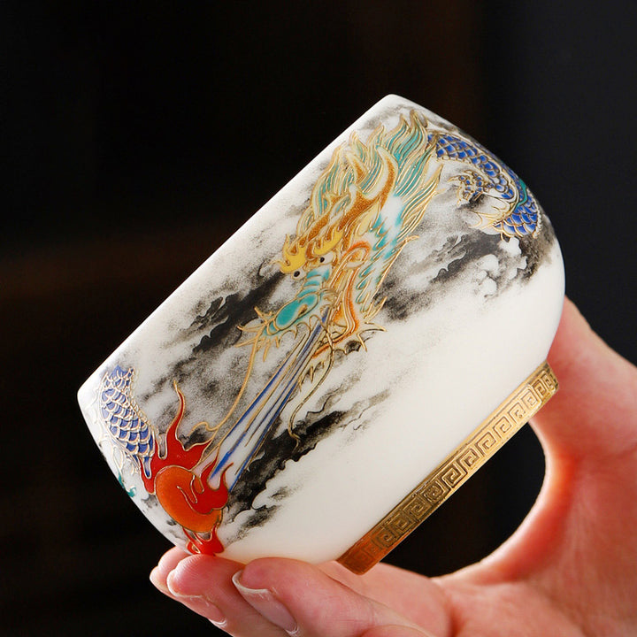 Buddha Stones Drago che gioca con la perla Design Tazza da tè in porcellana bianca Tazza da tè Kung Fu 160ml