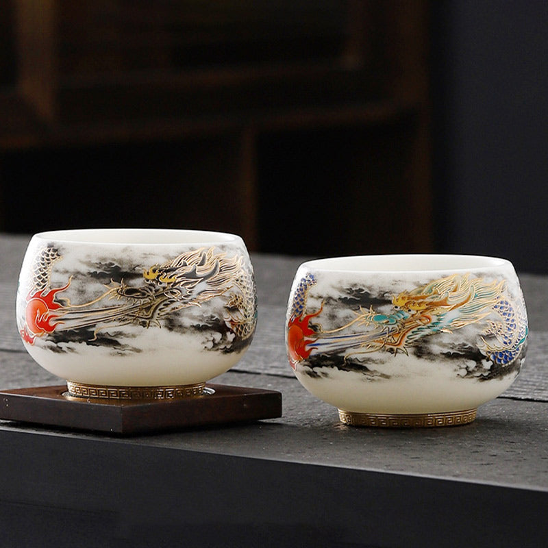 Buddha Stones Drago che gioca con la perla Design Tazza da tè in porcellana bianca Tazza da tè Kung Fu 160ml