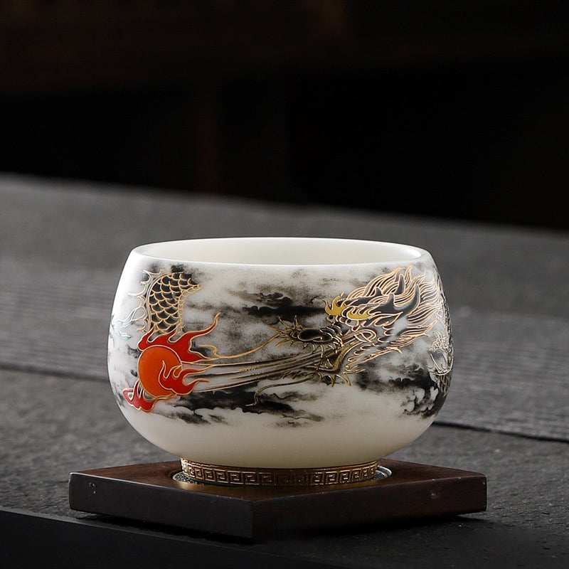 Buddha Stones Drago che gioca con la perla Design Tazza da tè in porcellana bianca Tazza da tè Kung Fu 160ml