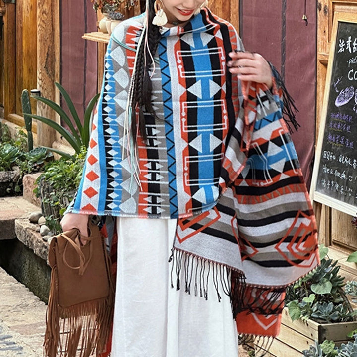 Buddha Stones tibetano con motivo geometrico a righe, invernale, comodo da viaggio, con nappe