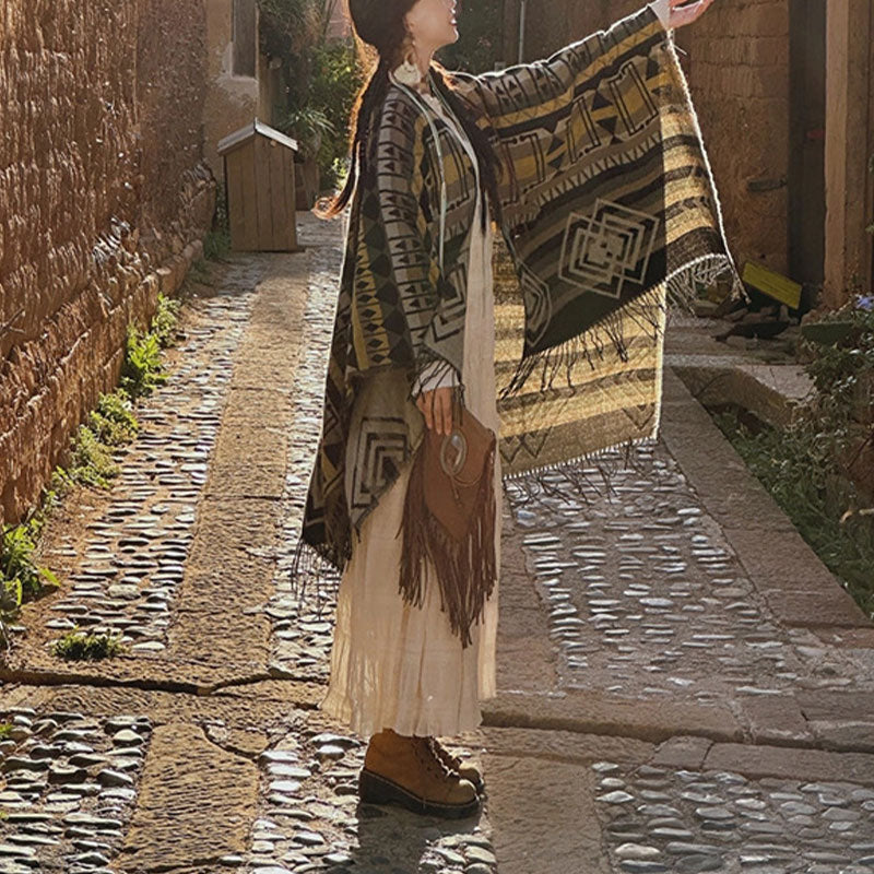 Buddha Stones tibetano con motivo geometrico a righe, invernale, comodo da viaggio, con nappe