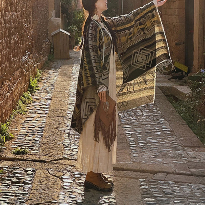 Buddha Stones tibetano con motivo geometrico a righe, invernale, comodo da viaggio, con nappe