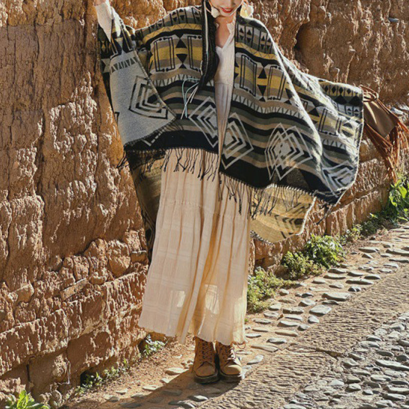 Buddha Stones tibetano con motivo geometrico a righe, invernale, comodo da viaggio, con nappe