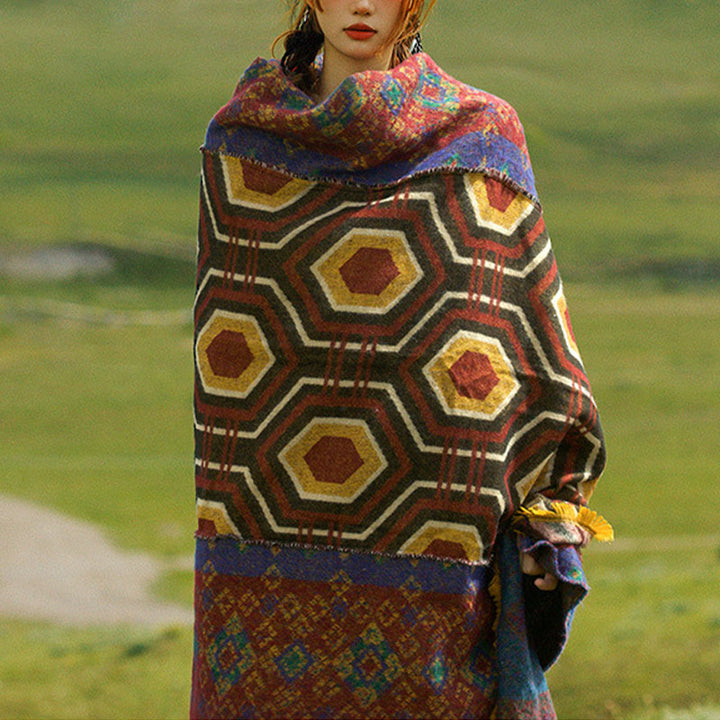 Scialle tibetano con Buddha Stones , marrone, blu, rosso, motivo geometrico, invernale, comodo, da viaggio