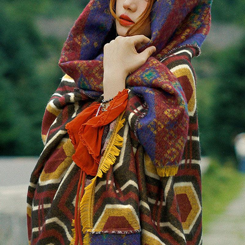 Scialle tibetano con Buddha Stones , marrone, blu, rosso, motivo geometrico, invernale, comodo, da viaggio