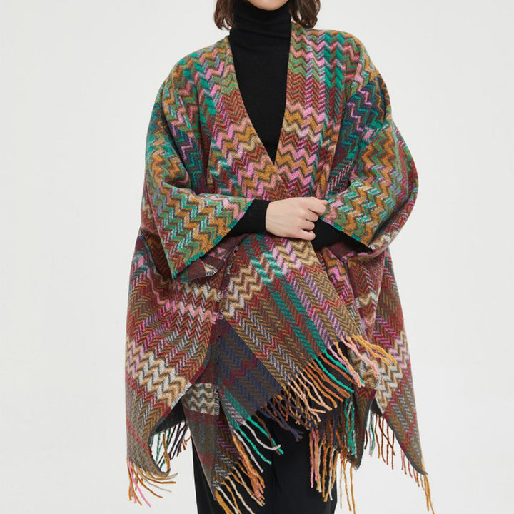 Scialle tibetano con Buddha Stones , nappe colorate, linea ondulata, sciarpa da viaggio invernale e accogliente