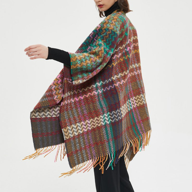 Scialle tibetano con Buddha Stones , nappe colorate, linea ondulata, sciarpa da viaggio invernale e accogliente