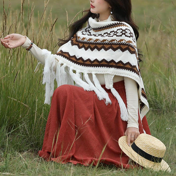 Scialle triangolare tibetano con Buddha Stones e nappe a righe, sciarpa da viaggio invernale e accogliente