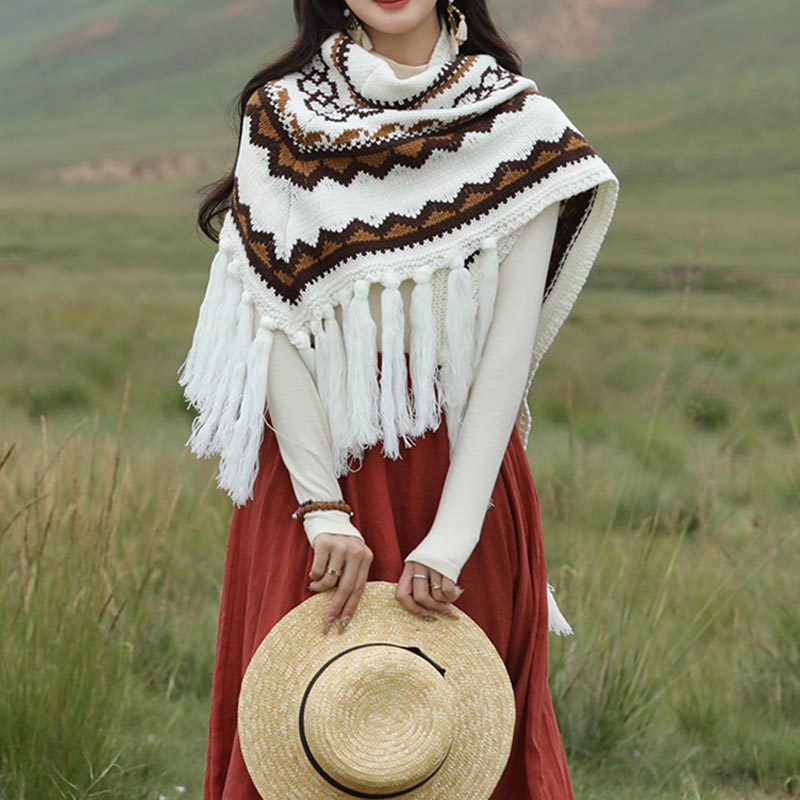 Scialle triangolare tibetano con Buddha Stones e nappe a righe, sciarpa da viaggio invernale e accogliente