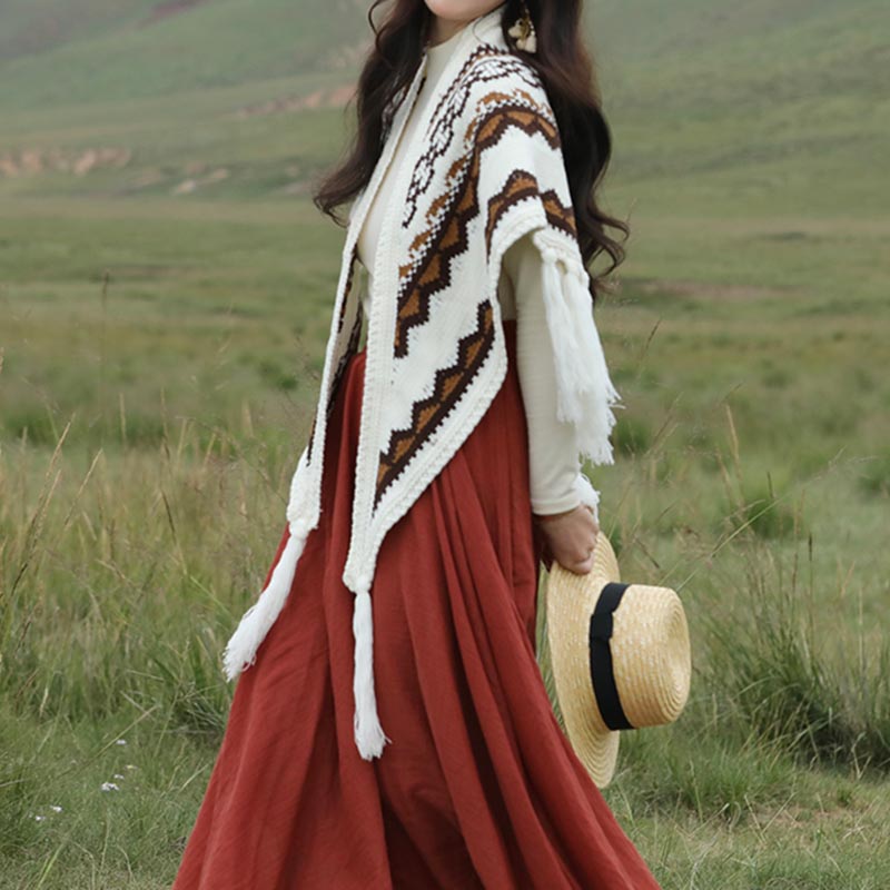 Scialle triangolare tibetano con Buddha Stones e nappe a righe, sciarpa da viaggio invernale e accogliente