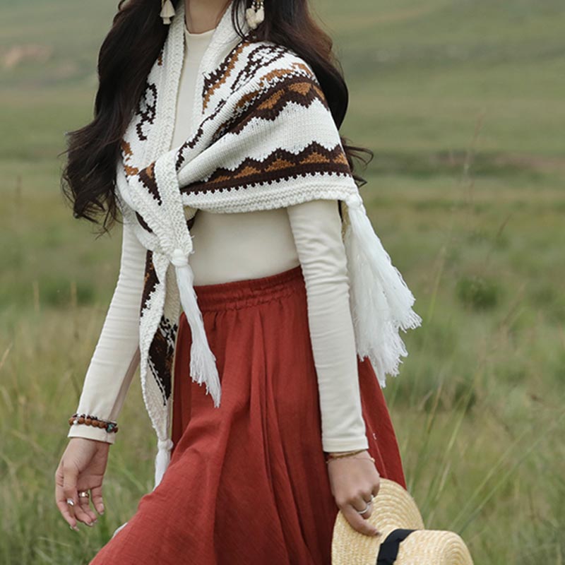 Scialle triangolare tibetano con Buddha Stones e nappe a righe, sciarpa da viaggio invernale e accogliente