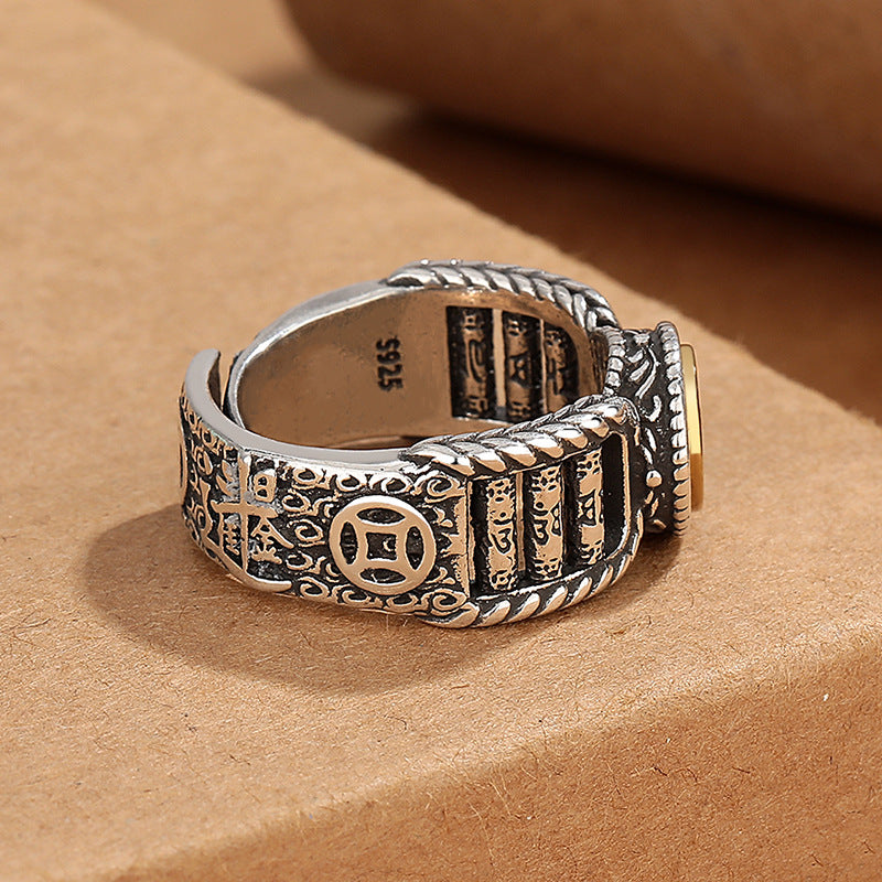 Buddha Stones Tibetano Om Mani Padme Hum Disegno Intagliato Moneta di Rame Purezza Anello Rotante