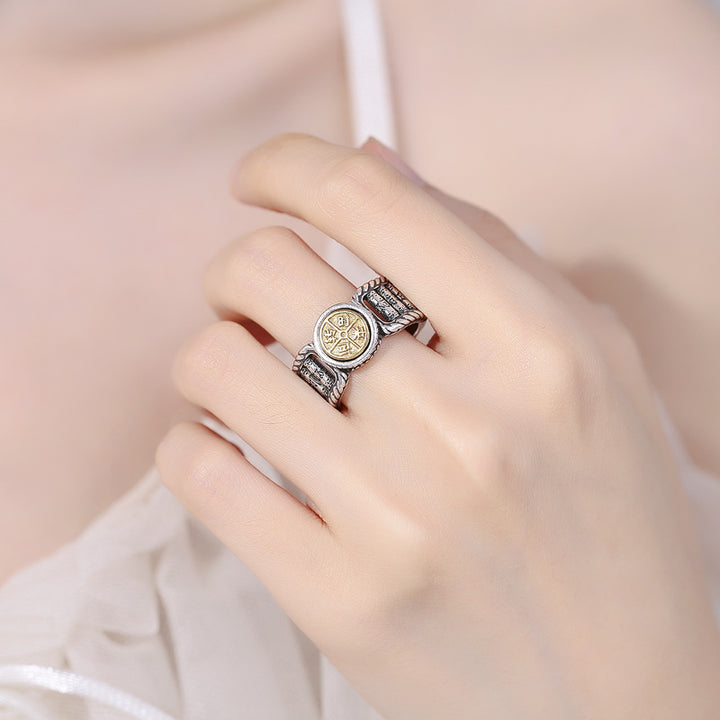 Buddha Stones Tibetano Om Mani Padme Hum Disegno Intagliato Moneta di Rame Purezza Anello Rotante