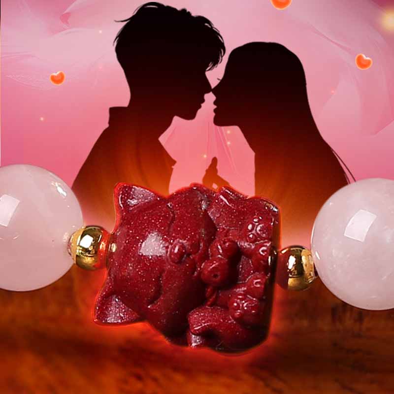 Braccialetto dell'amore con volpe a nove code in cristallo rosa naturale Buddha Stones Cinnabar