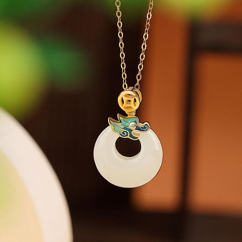 Buddha Stones 925 Sterling Argento Placcato Oro Anno del Drago Hetian Giada Pace Fibbia Moneta di Rame Abbondanza Collana Pendente