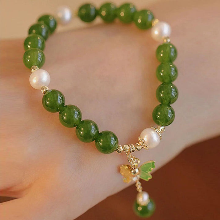 Bracciale Buddha Stones Calcedonio verde naturale Perla Farfalla Coraggio Forza
