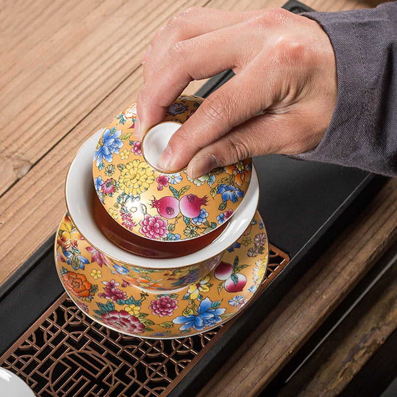Buddha Stones Peony Flowers Ceramic Gaiwan Sancai Tazza da tè Kung Fu Tazza da tè e piattino con coperchio