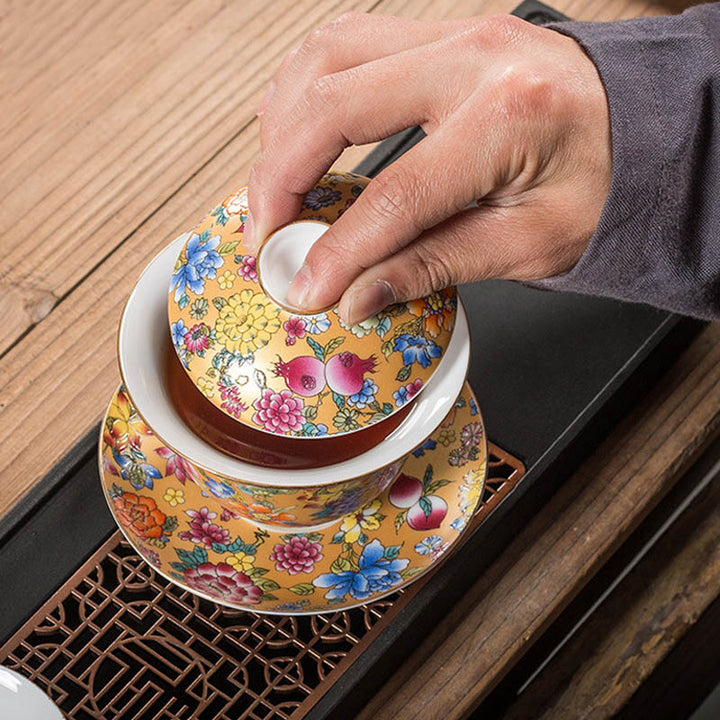 Buddha Stones Peony Flowers Ceramic Gaiwan Sancai Tazza da tè Kung Fu Tazza da tè e piattino con coperchio