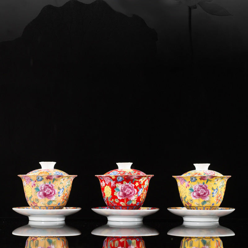 Buddha Stones Peony Flowers Ceramic Gaiwan Sancai Tazza da tè Kung Fu Tazza da tè e piattino con coperchio