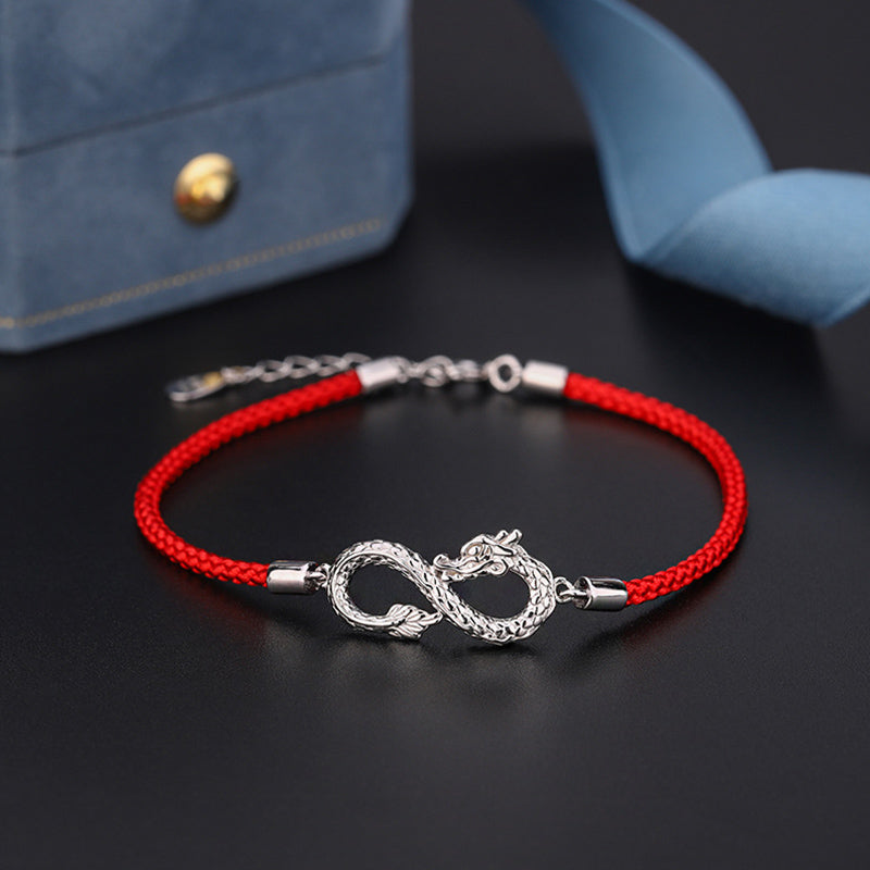 Braccialetto di protezione della fortuna con nodo infinito in argento sterling 999 anno del drago Buddha Stones - 14-18 cm - image 0