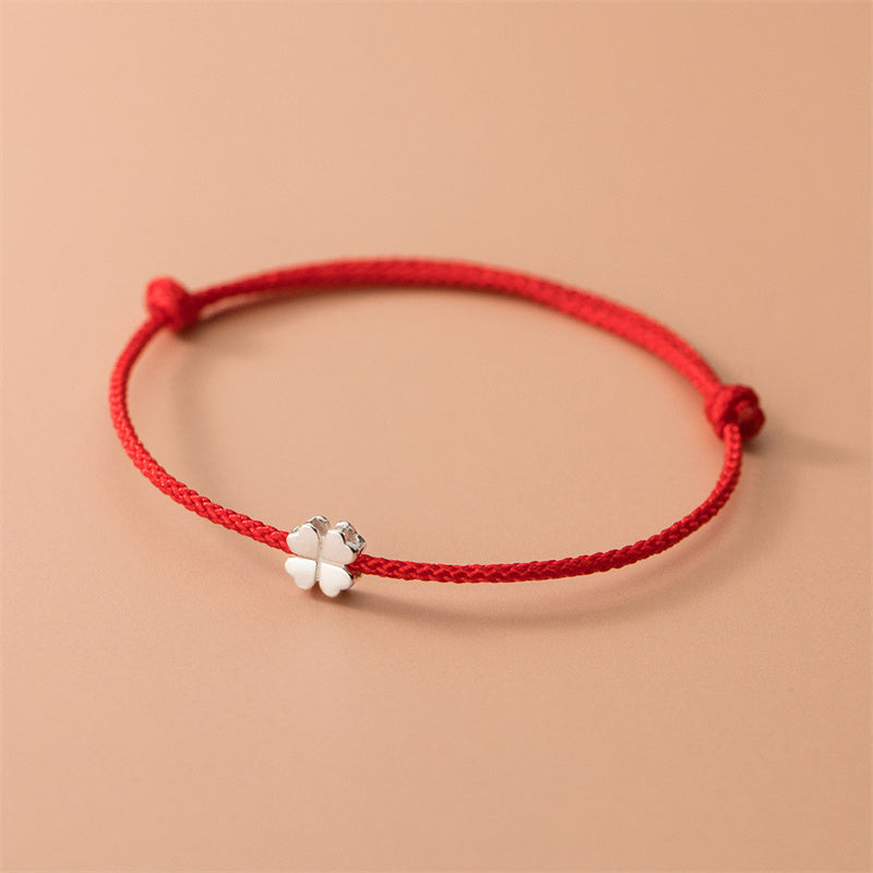 Braccialetto in corda rossa con quadrifoglio in argento sterling 925 Buddha Stones