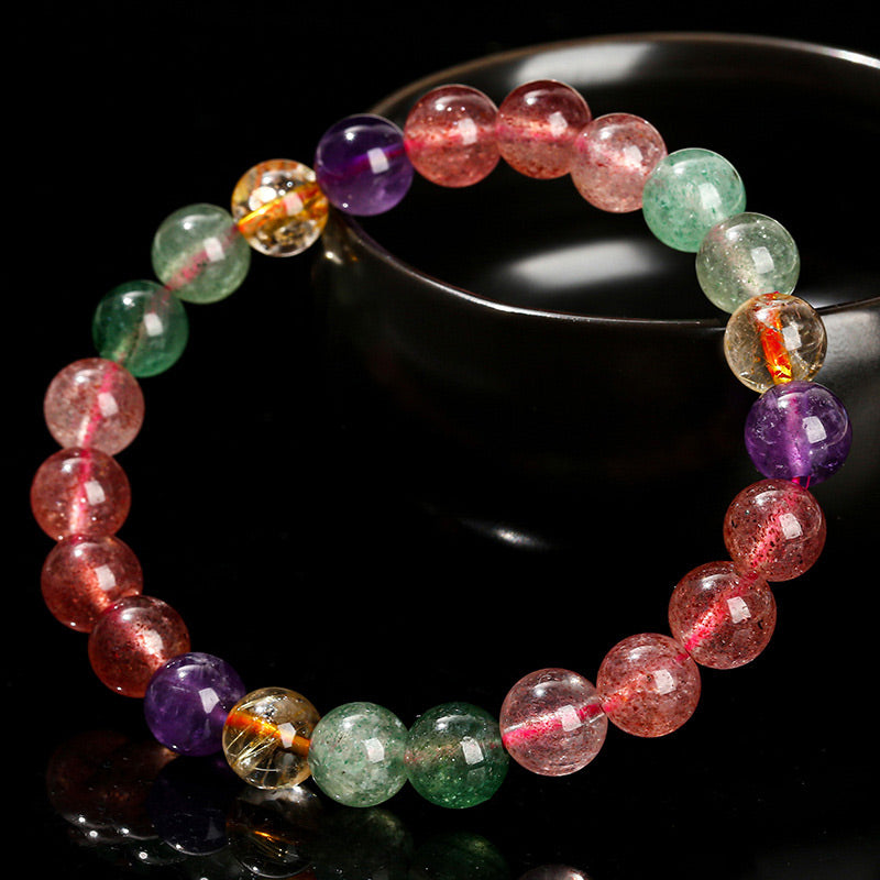 Braccialetto di perline di guarigione dell'amore in quarzo fragola multicolore naturale Buddha Stones