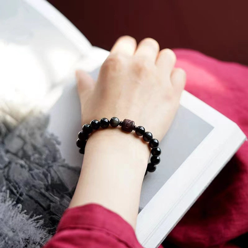 Buddha Stones Oro Naturale Ossidiana Lucente Arcobaleno Ossidiana Om Mani Padme Hum Fu Carattere Braccialetto di Guarigione