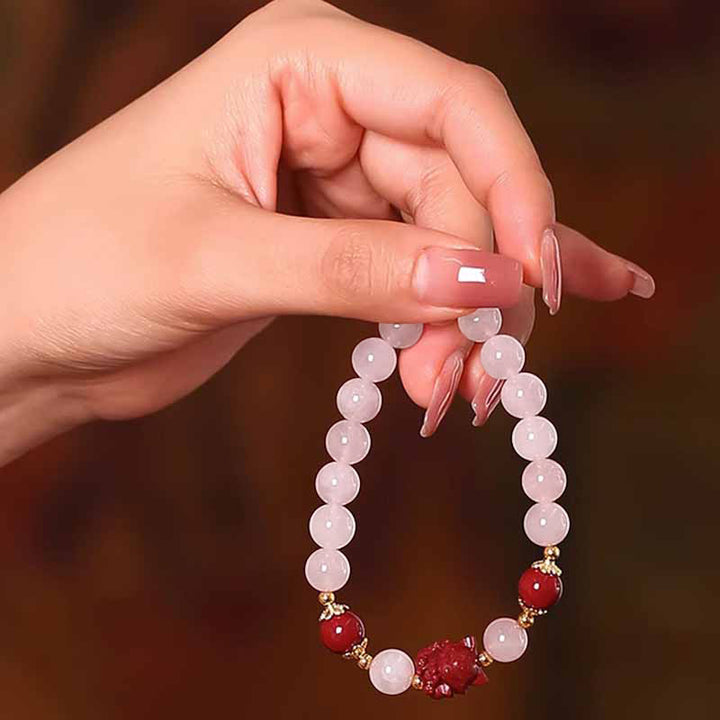 Braccialetto dell'amore con volpe a nove code in cristallo rosa naturale Buddha Stones Cinnabar