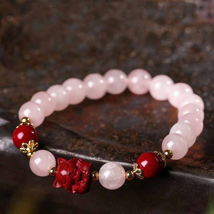 Braccialetto dell'amore con volpe a nove code in cristallo rosa naturale Buddha Stones Cinnabar