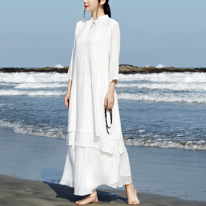 Buddha Stones 2 pezzi bianco Tai Chi Meditazione Yoga Zen Cotone Lino Abbigliamento Top Pantaloni Set da donna - image 1