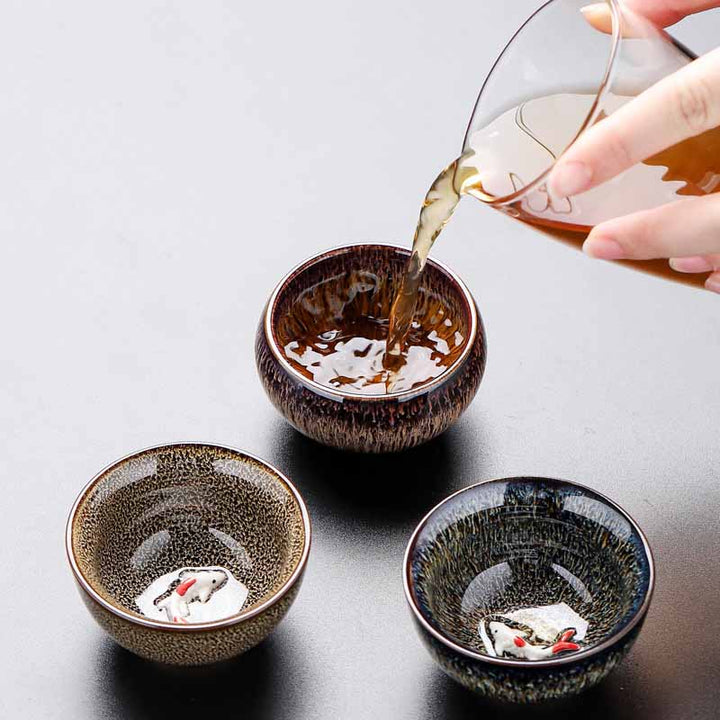 Buddha Stones Piccolo pesce Koi Forno Cambia Cinese Jianzhan Tazza da tè in ceramica Tazza da tè Kung Fu 60ml