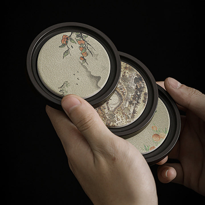 Buddha Stones Plum Blossom Peach Heart Sutra Nespolo Giapponese Magnolia Cachi Ceramic Cup Mat Pad Coaster Kung Fu Tea Mat