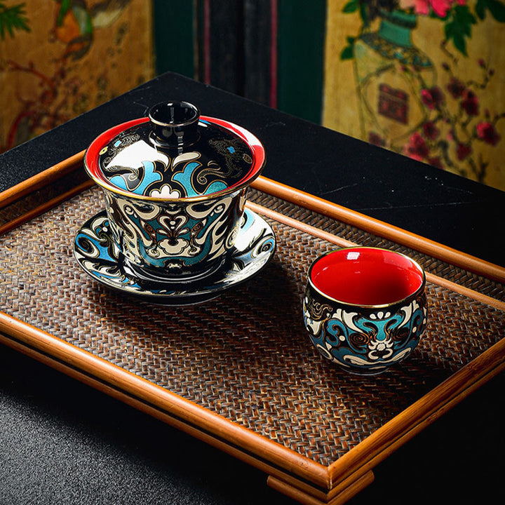 Buddha Stones Maschera dell'Opera di Pechino Modello Ceramica Gaiwan Sancai Tazza da Tè Kung Fu Tazza da Tè e Piattino con Coperchio Teiera