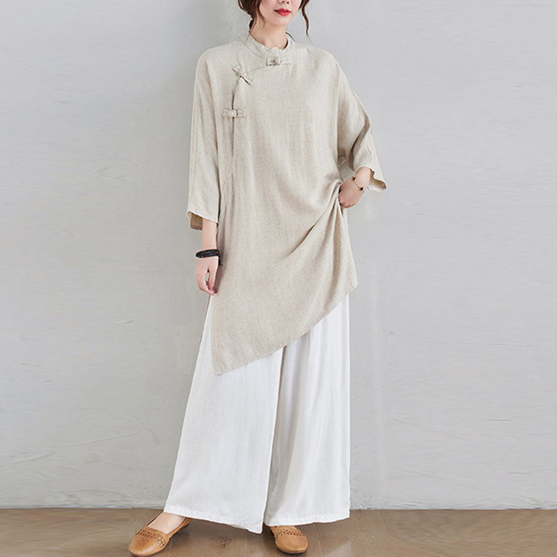 Buddha Stones 2 pezzi design semplice Zen Tai Chi Meditazione Abbigliamento cotone lino Top Pantaloni Set da donna - Top beige e pantaloni bianchi - US12, UK/AU16, EU44 (2XL) - image 0