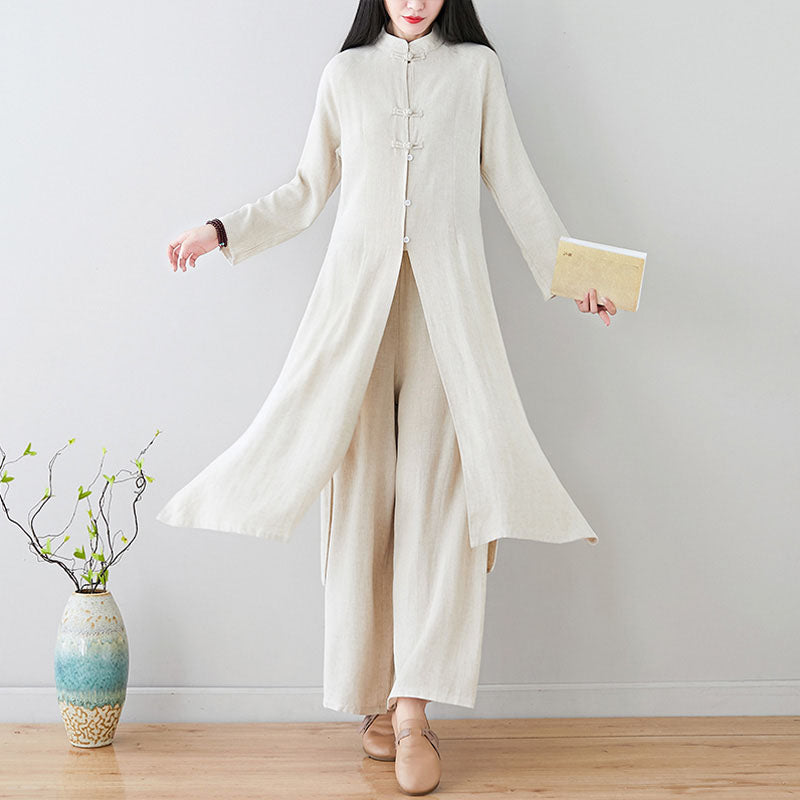 Buddha Stones 2 pezzi cinese rana pulsante design zen tai chi meditazione abbigliamento cotone lino top pantaloni set da donna - image 1