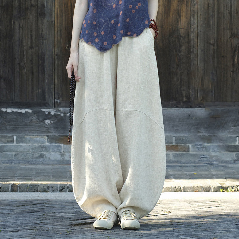 Pantaloni in cotone e lino con Buddha Stones , pantaloni harem larghi, pantaloni da yoga zen tai chi da donna - Beige (foderato in pile) - US8-10, UK/AU12-14, EU40-42 (L)  - image 0
