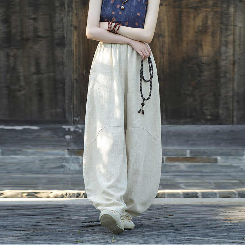 Pantaloni in cotone e lino con Buddha Stones , pantaloni harem larghi, pantaloni da yoga zen tai chi da donna - image 1