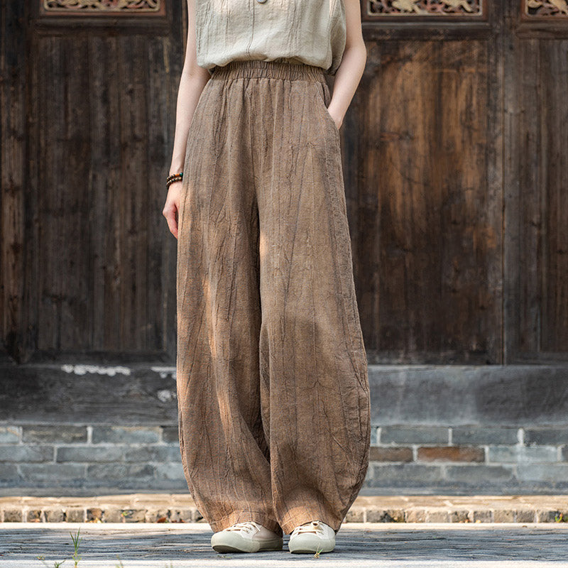 Pantaloni in lino e cotone ramiè Buddha Stones Pantaloni con design tie-dye Pantaloni larghi Zen Yoga da donna con tasche - Marrone (foderato in pile) - US8-10, UK/AU12-14, EU40-42 (L)  - image 0