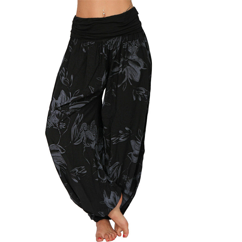 Pantaloni harem larghi con motivo a foglie di fiore Buddha Stones, pantaloni da yoga da donna - Nero - US20, UK/AU24, EU52 (5XL) - image 13