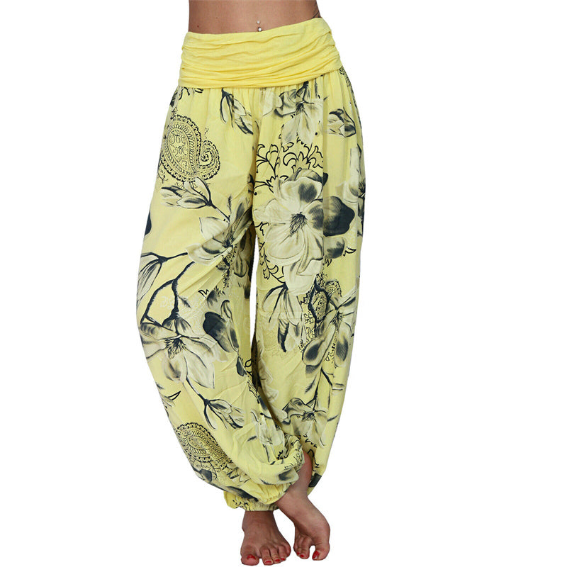 Pantaloni harem larghi con motivo a foglie di fiore Buddha Stones, pantaloni da yoga da donna - Giallo - US20, UK/AU24, EU52 (5XL) - image 10