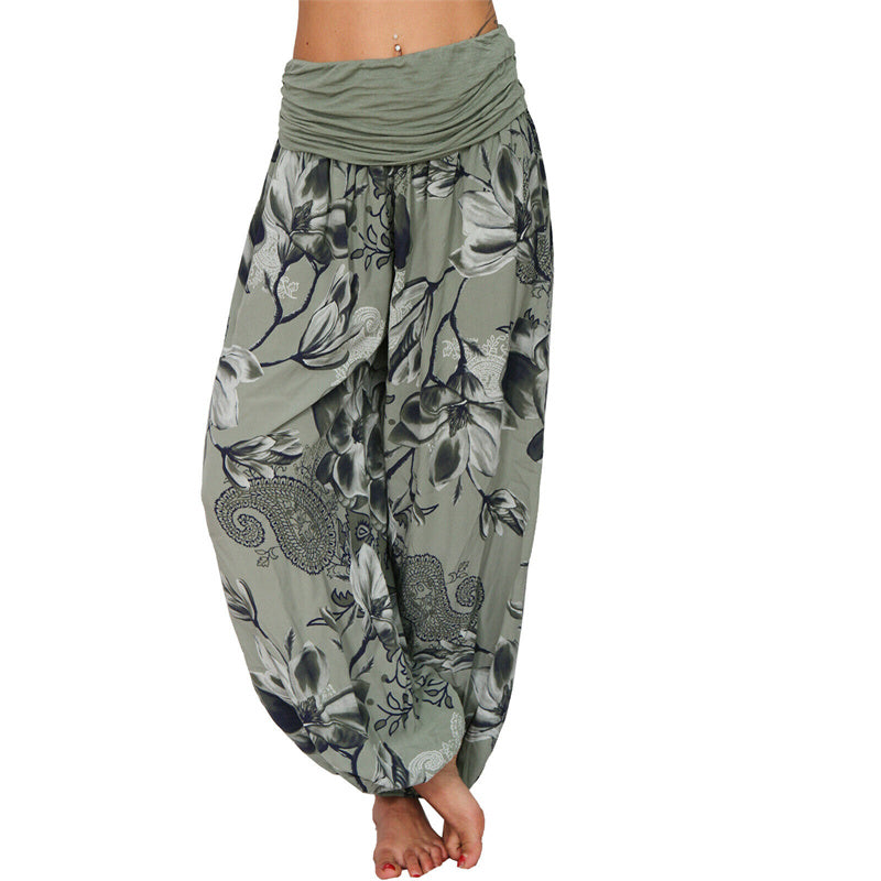 Pantaloni harem larghi con motivo a foglie di fiore Buddha Stones, pantaloni da yoga da donna - Verde militare - US20, UK/AU24, EU52 (5XL) - image 31