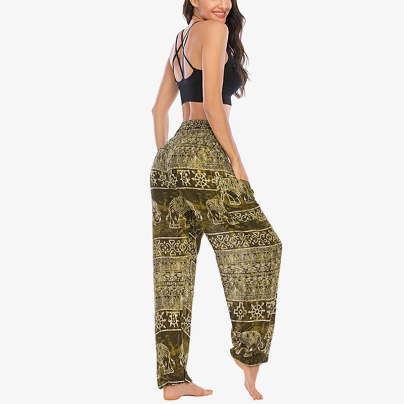 Pantaloni harem larghi casuali con motivo a elefante Buddha Stones, pantaloni da yoga da donna a vita alta - image 31