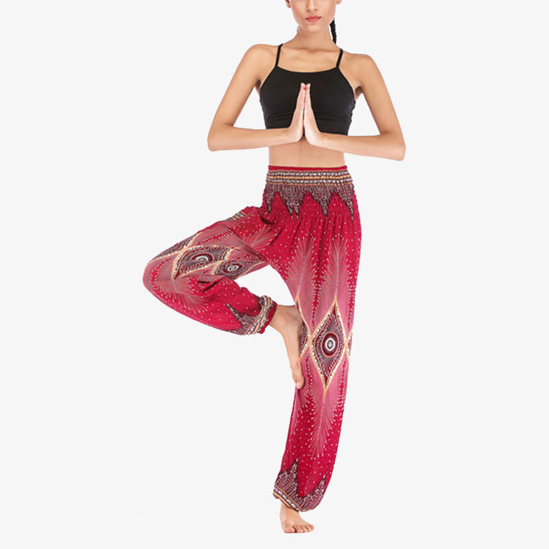 Pantaloni harem larghi con motivo a arricciatura, a vita alta, da yoga, da donna, con piccoli occhi di pavone e pietre Buddha Stones - image 2