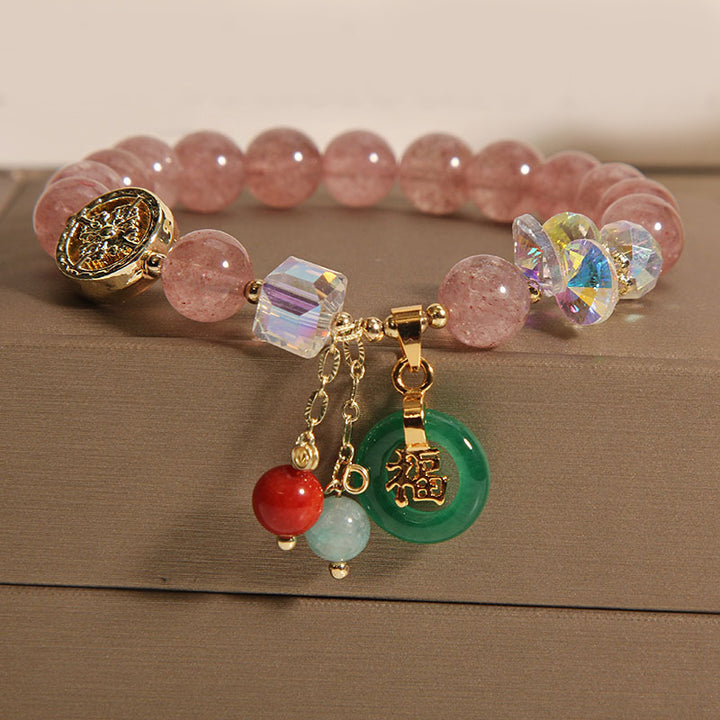 Braccialetto di guarigione con ciondolo a forma di carattere Fu in quarzo fragola e giada Buddha Stones