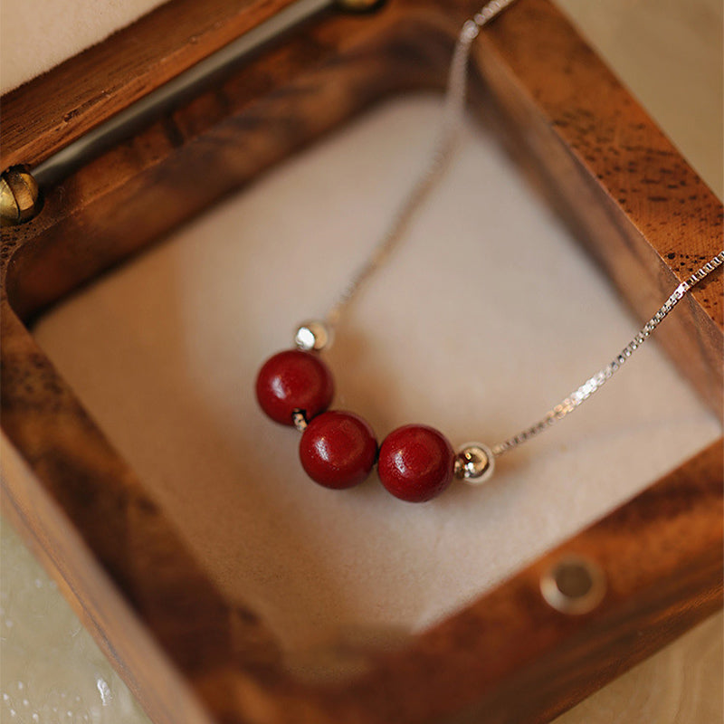 Collana con ciondolo di benedizione calma in argento sterling 925 con perline di cinabro Buddha Stones - Tre perle di cinabro da 6 mm - image 0