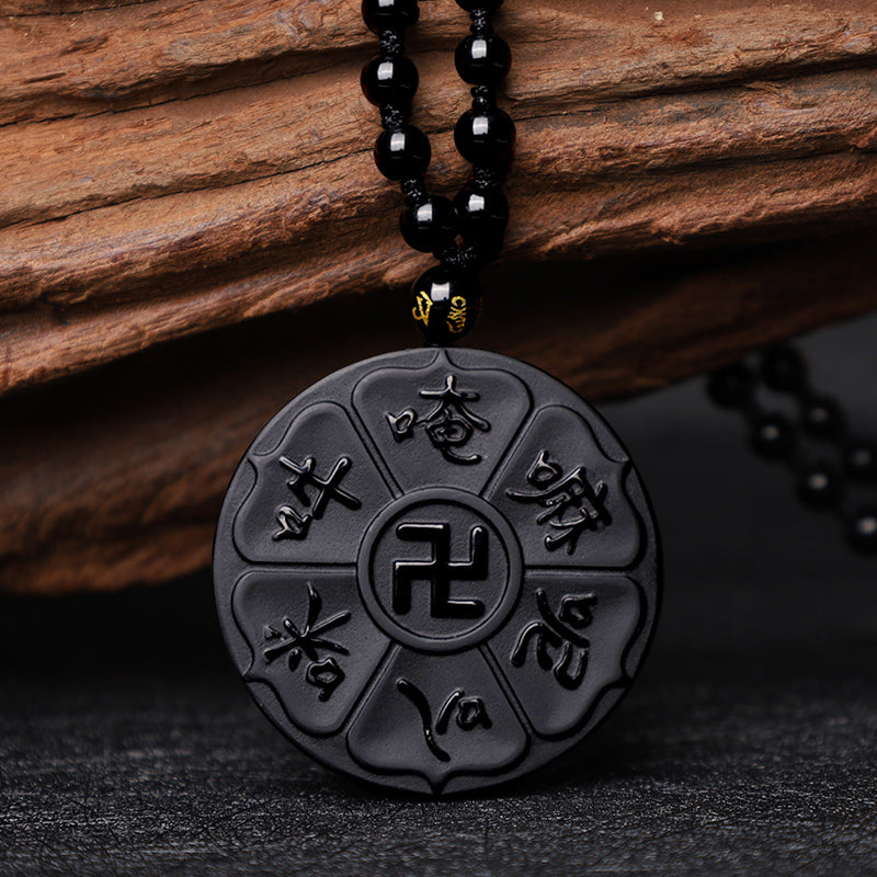 Buddha Stones Ossidiana nera naturale Tibetana Om Mani Padme Hum Buddha Svastica Collana con ciondolo portafortuna