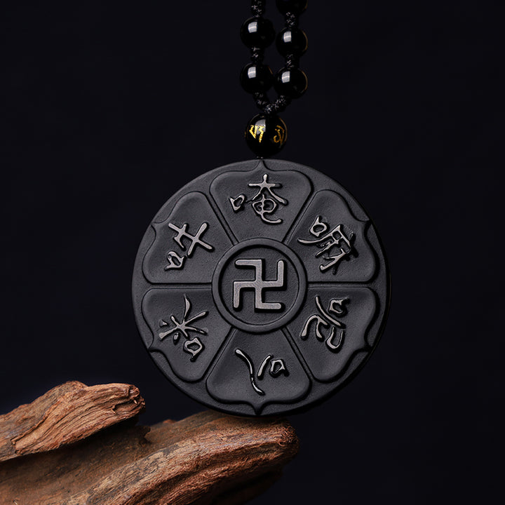 Buddha Stones Ossidiana nera naturale Tibetana Om Mani Padme Hum Buddha Svastica Collana con ciondolo portafortuna