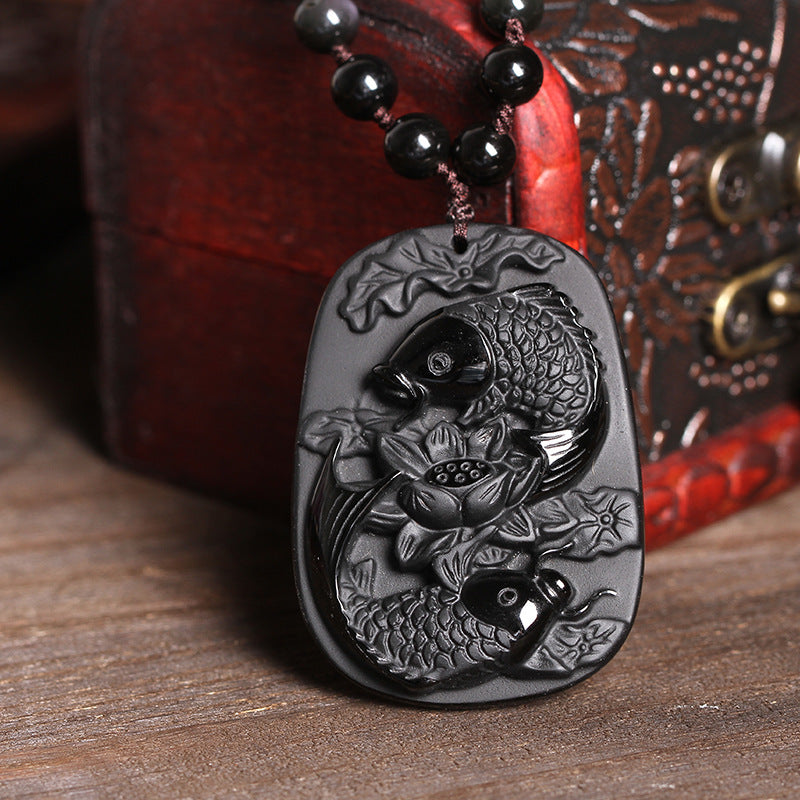 Buddha Stones Collana con ciondolo di perline di forza di loto di pesce koi di ossidiana nera naturale